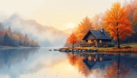 A serene watercolor artwork depicting a cozy wooden cabin on a lake shore amidst misty golden orange autumn trees. | PrintPosters.in